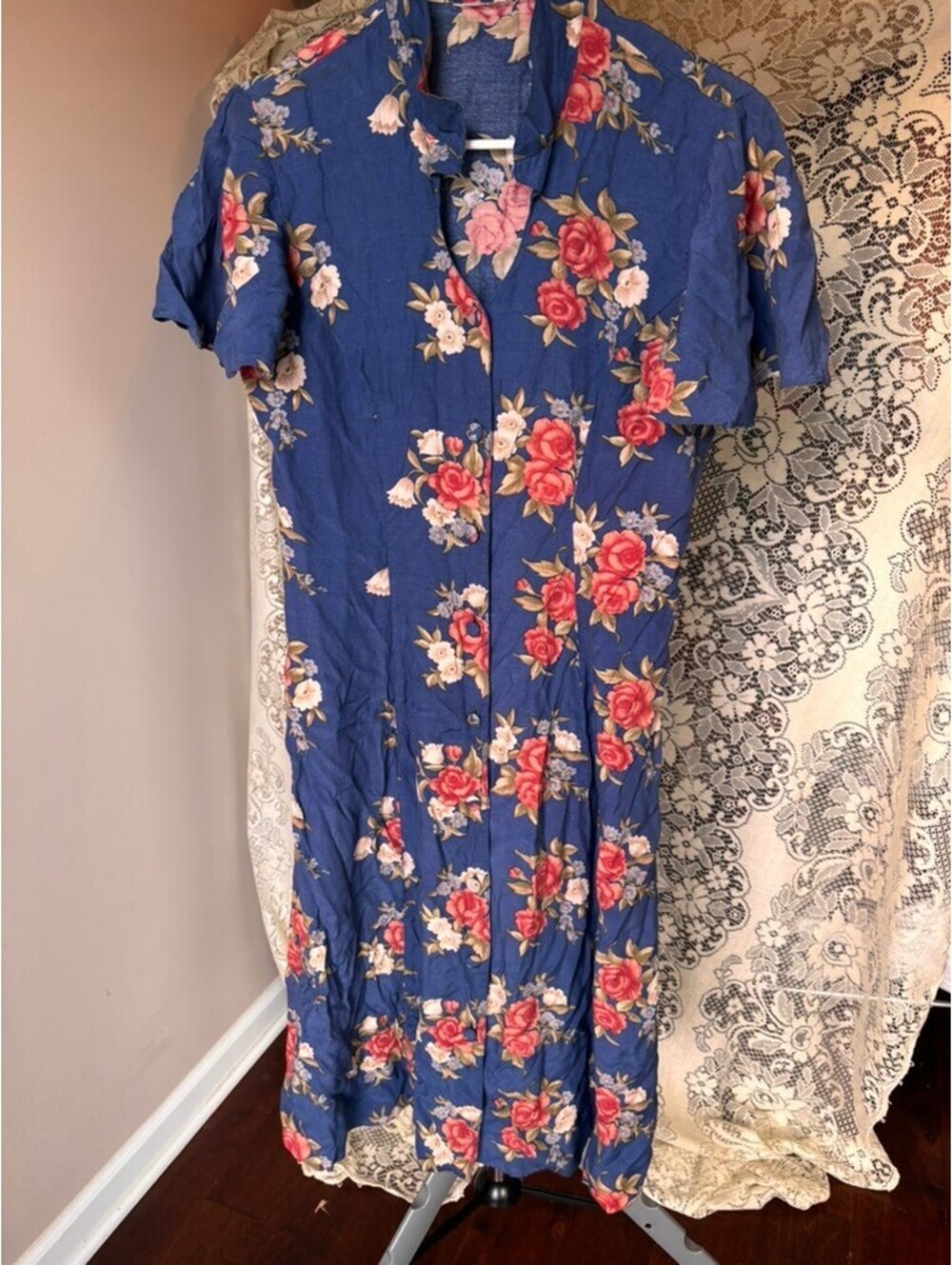 Vintage Blue Floral Rose Print Button Front Midi Dress Cottagecore